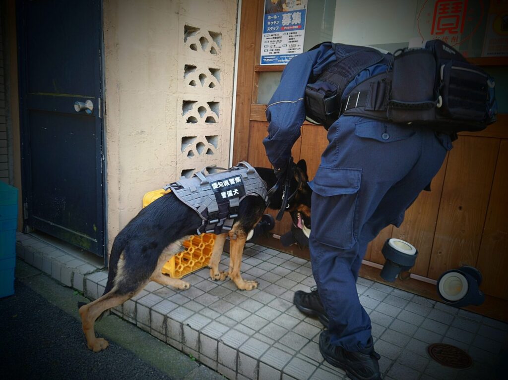 防衛省前の飲食店を嗅ぎ回る愛知県警の警察犬。その後私も任意で警察犬に嗅がれる対象となった。